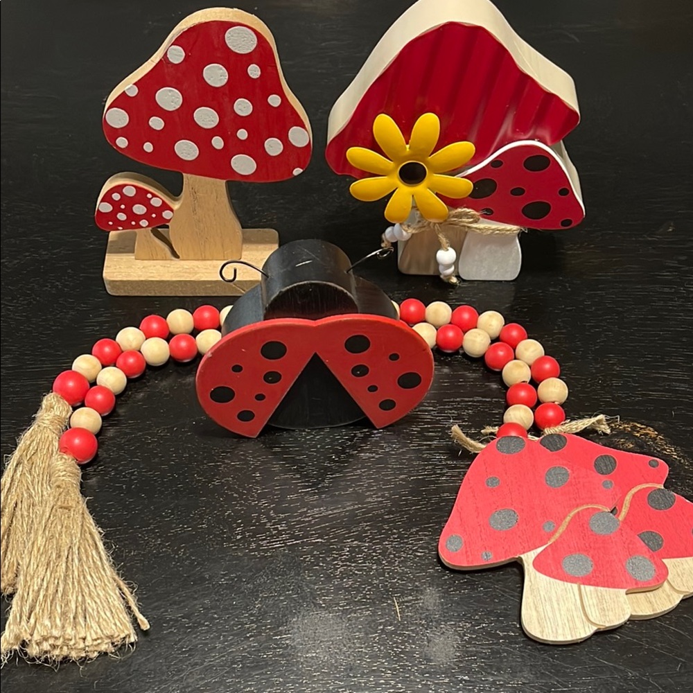 Red and White Mushroom and Ladybug Decor Set